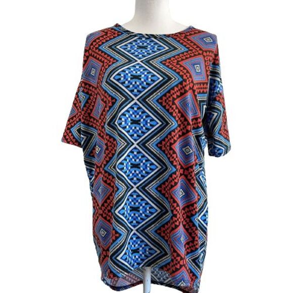 LuLaRoe XXS Irma Tee Red Blue Gray Geometric Hi-Low Top - Picture 1 of 4